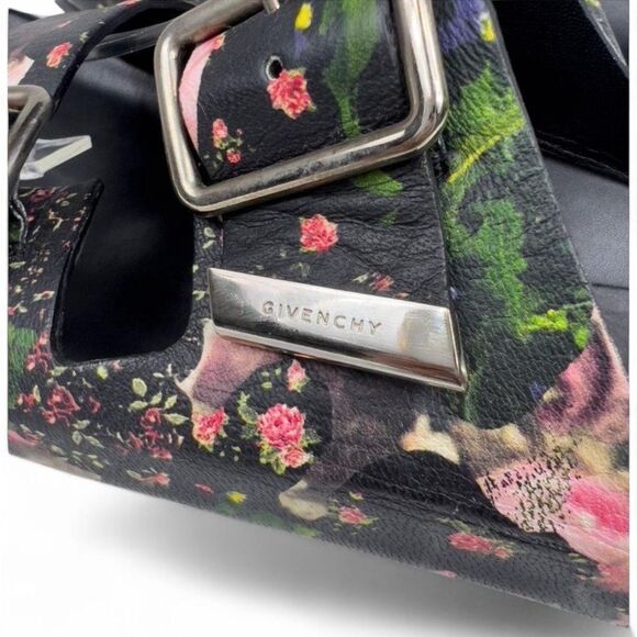 Authentic GIVENCHY Black Floral Print Leather Dual Strap Slides Size EU38 - Picture 6 of 12